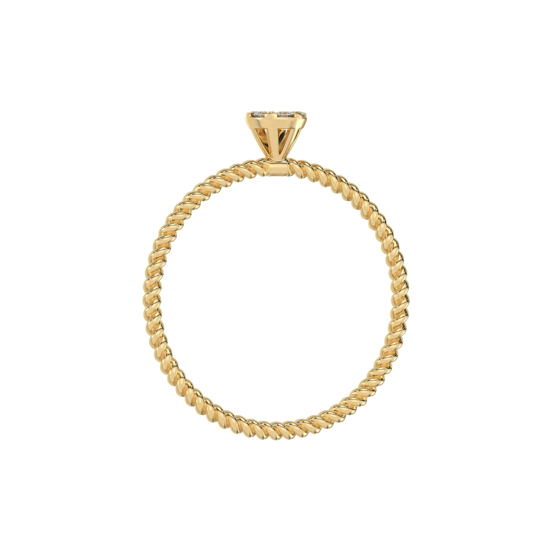 This yellow Thin gold twisted rope band with a solitaire made with round diamonds in a cluster setting in through finger view