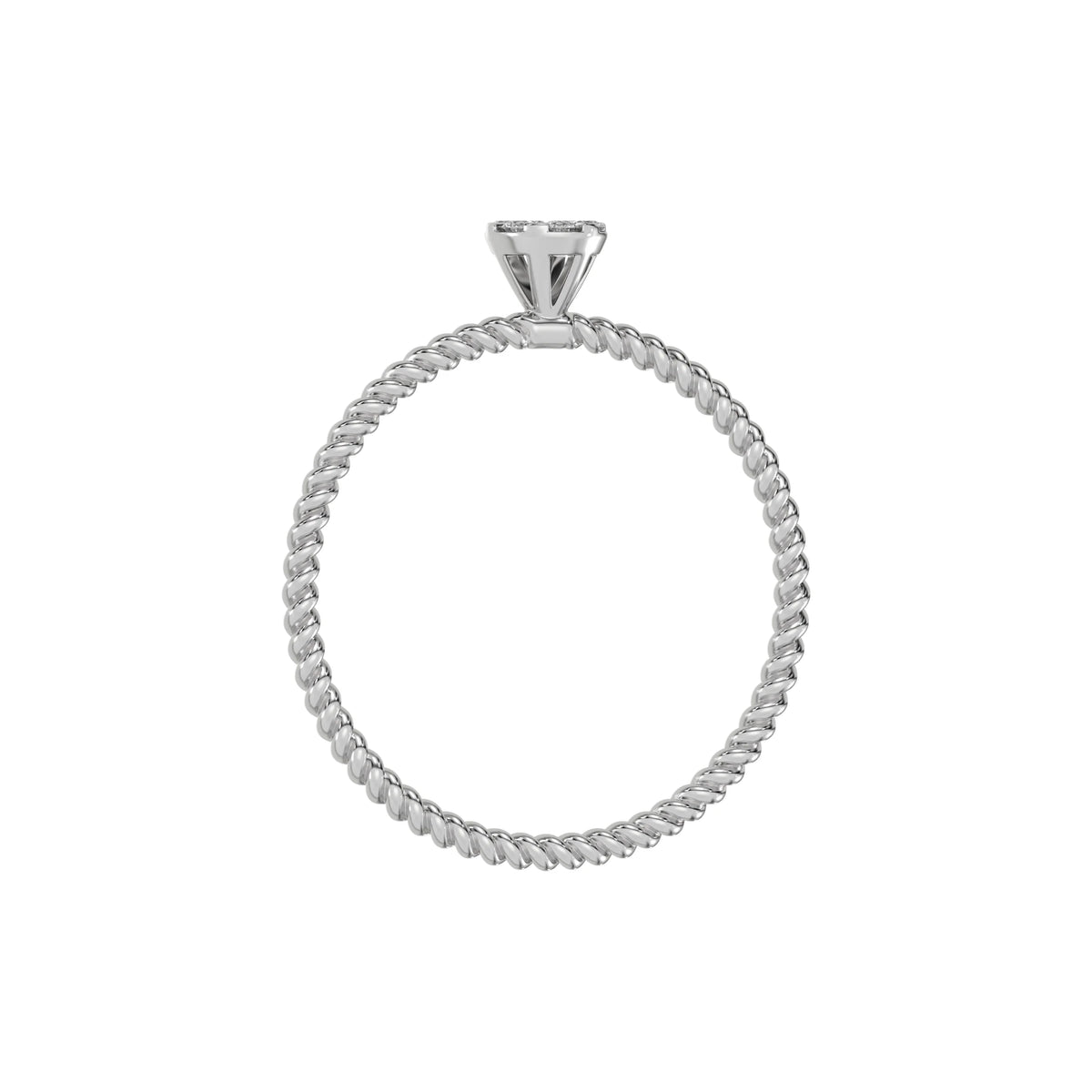 This white Thin gold twisted rope band with a solitaire made with round diamonds in a cluster setting in through finger view