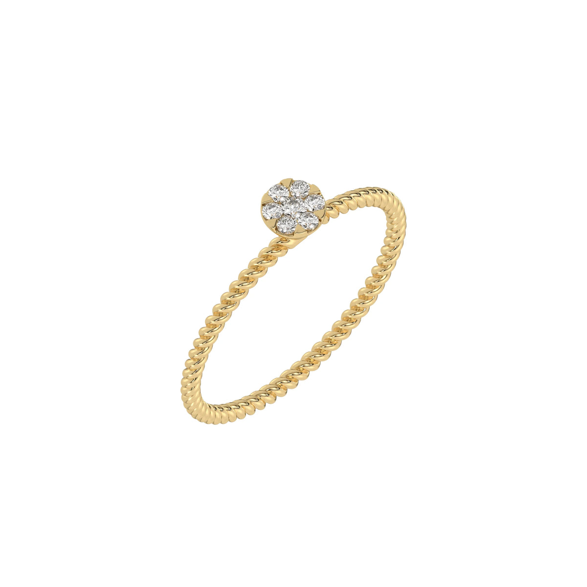 This yellow Thin gold twisted rope band with a solitaire made with round diamonds in a cluster setting in 3d view