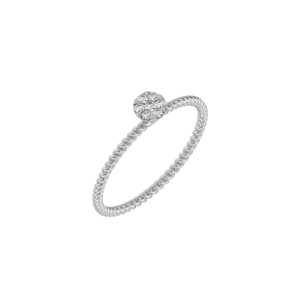 This white Thin gold twisted rope band with a solitaire made with round diamonds in a cluster setting in 3d view