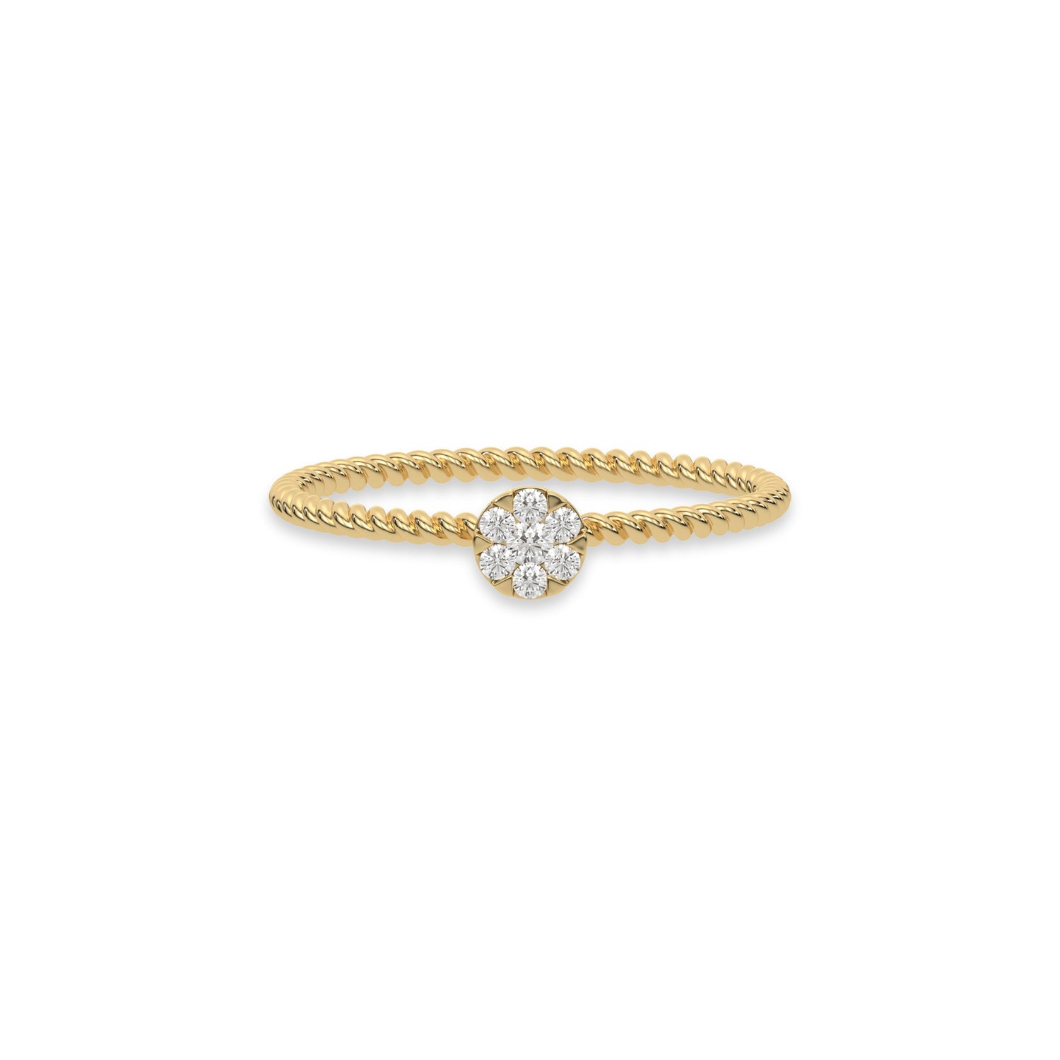 This yellow gold ring displayed in front view is made with a round diamonds in a cluster setting 