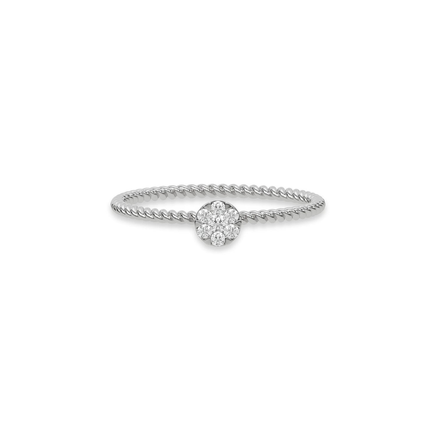 This white  gold ring displayed in front view is made with a round diamonds in a cluster setting 