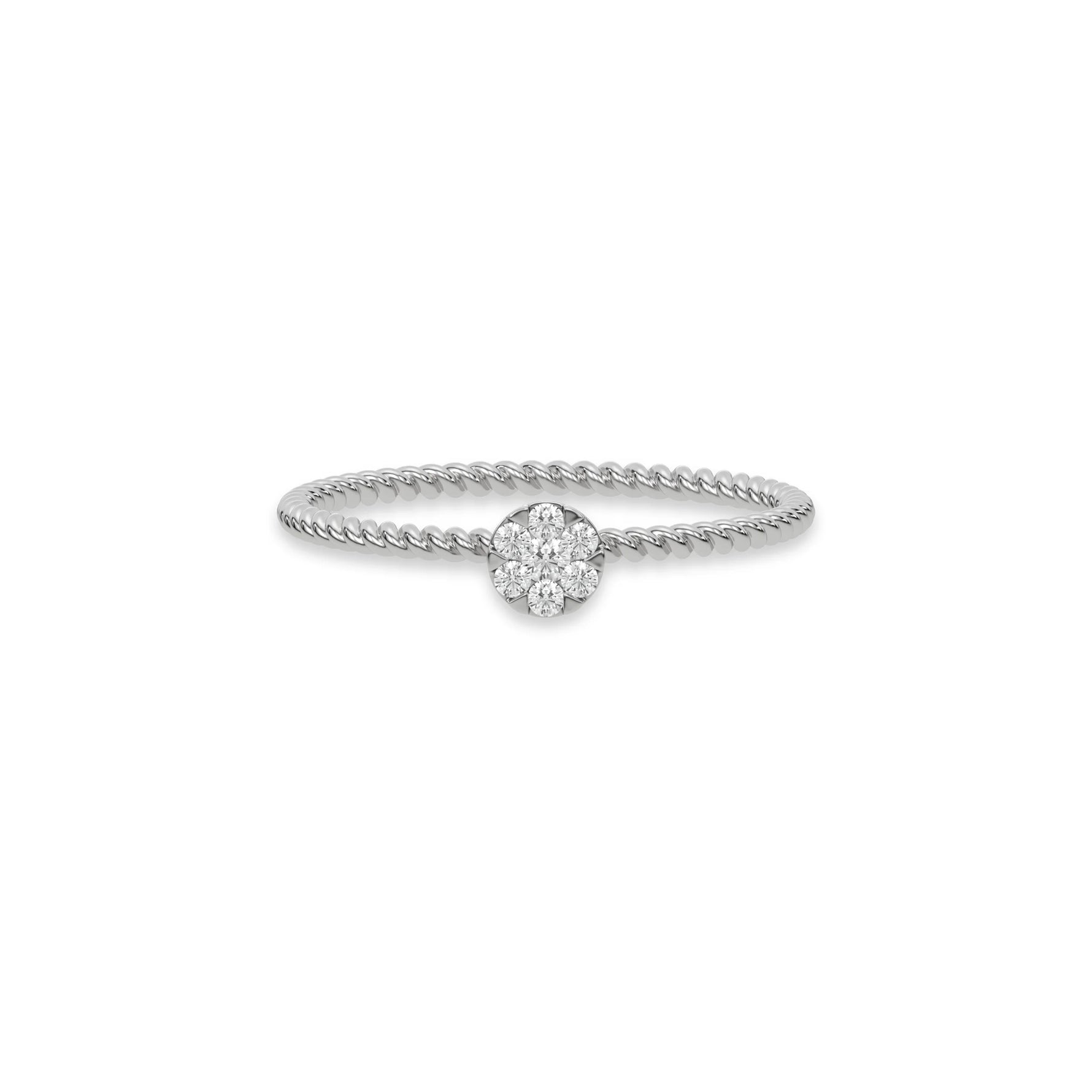 This white  gold ring displayed in front view is made with a round diamonds in a cluster setting 