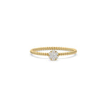 This yellow gold ring displayed in front view is made with a round diamonds in a cluster setting 