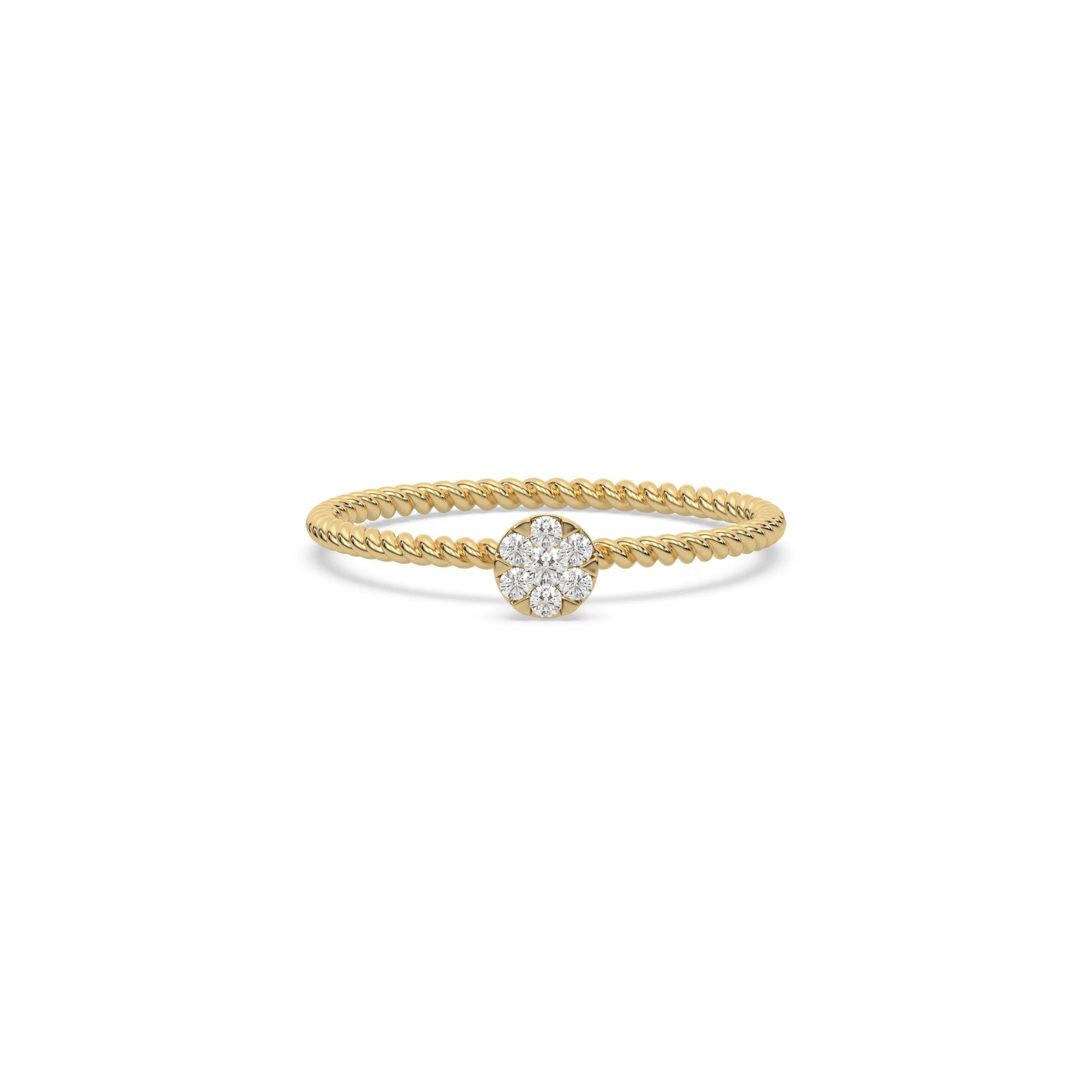 This yellow gold ring displayed in front view is made with a round diamonds in a cluster setting 