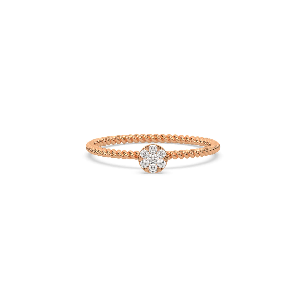 This rose gold ring displayed in front view is made with a round diamonds in a cluster setting 