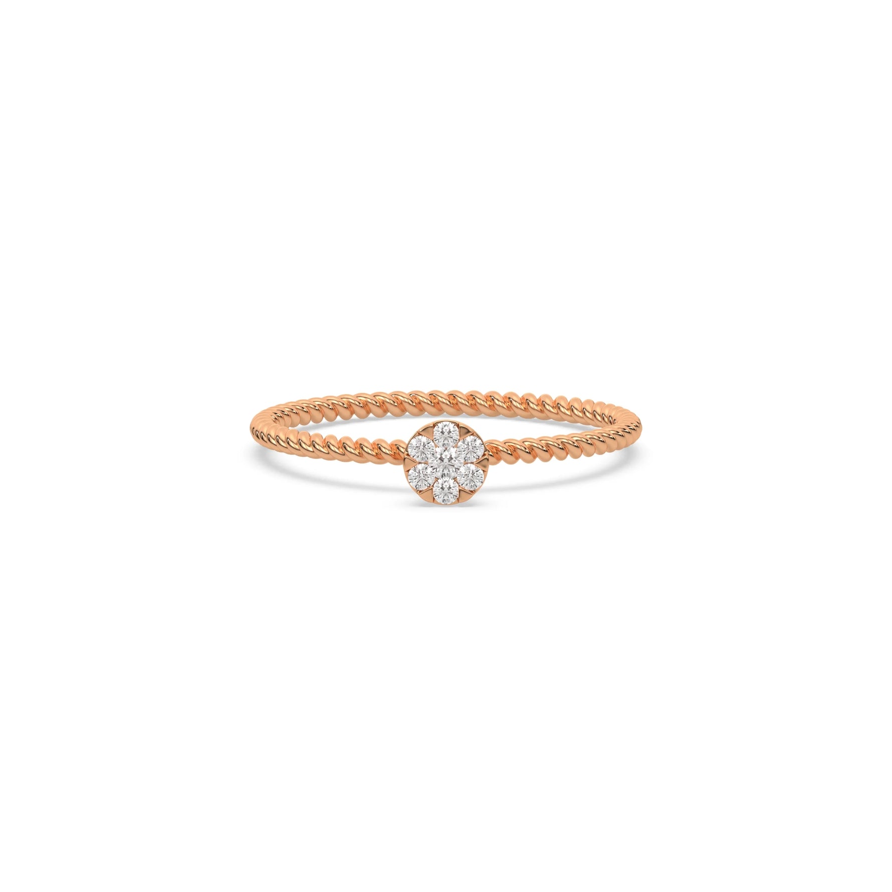 This rose gold ring displayed in front view is made with a round diamonds in a cluster setting 