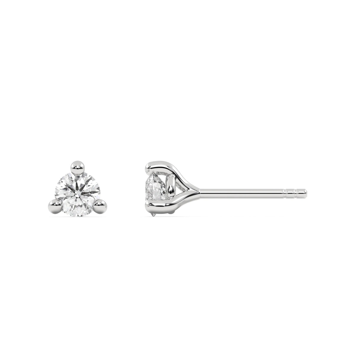 This white gold studs feature a classic round solitaire diamond in a three prong setting in top view and side view