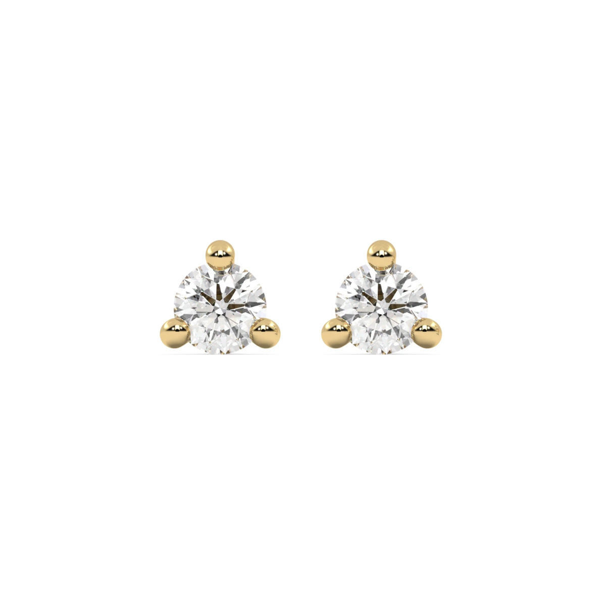 This yellow gold studs feature a classic round solitaire diamond in a three prong setting in top view