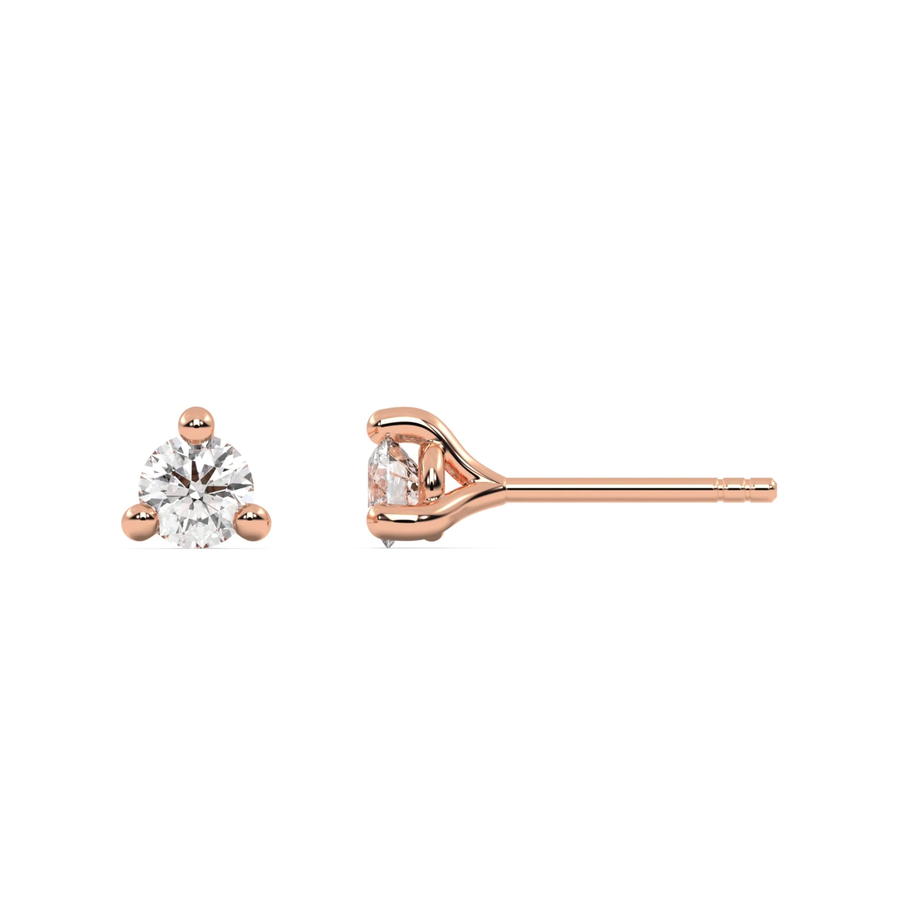 This rose gold studs feature a classic round solitaire diamond in a three prong setting in top view and side view