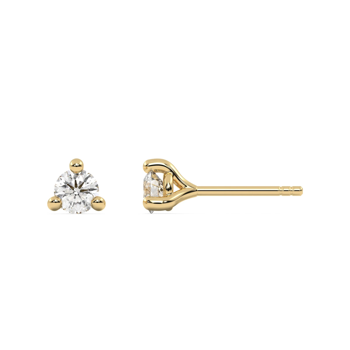 This yellow gold studs feature a classic round solitaire diamond in a three prong setting in top view and side view