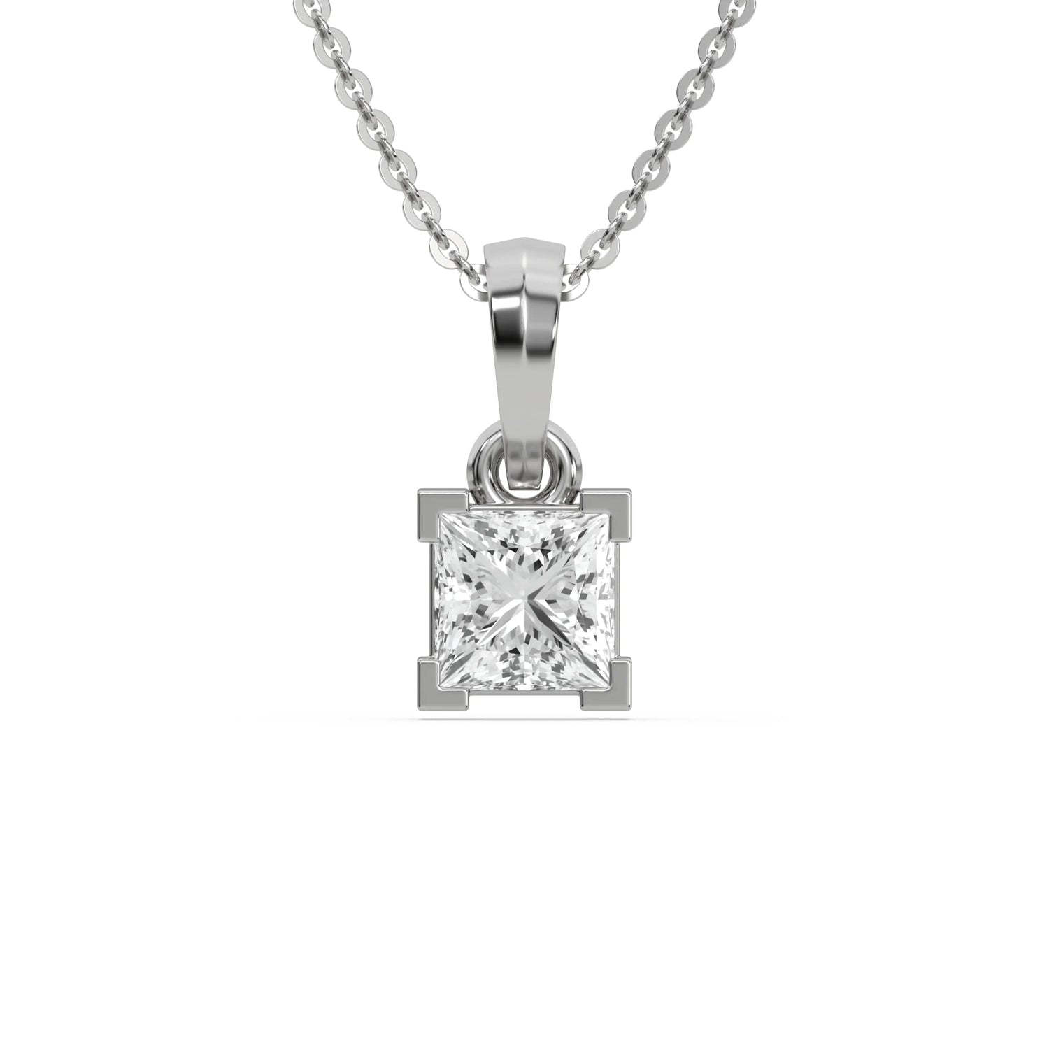 14K White Gold Princess Solitaire Diamond Necklace