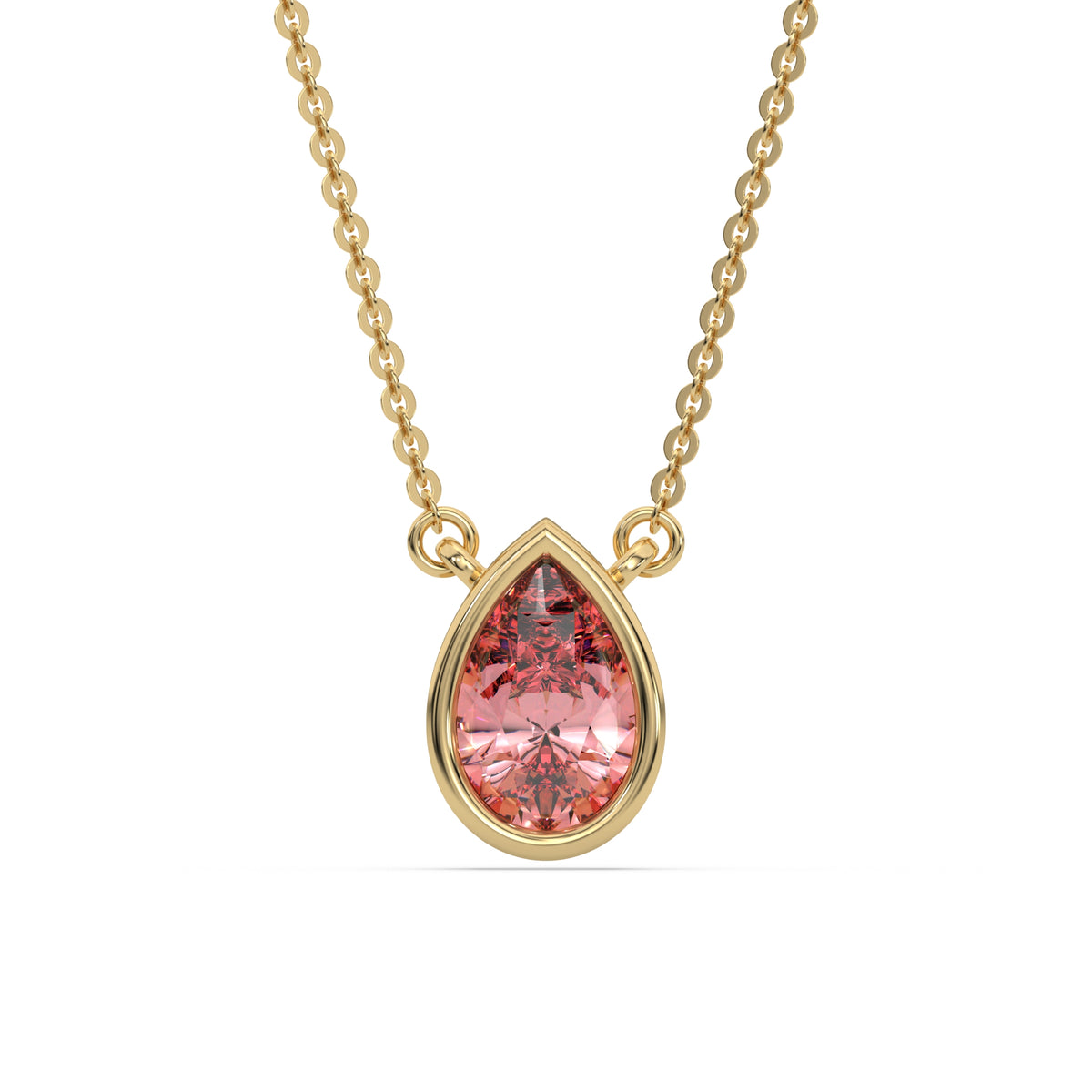 This yellow gold Fancy Pink Pear Solitaire Diamond Necklace made with a fancy Pink pear cut diamond in bezel setting with adjustable chain in top view