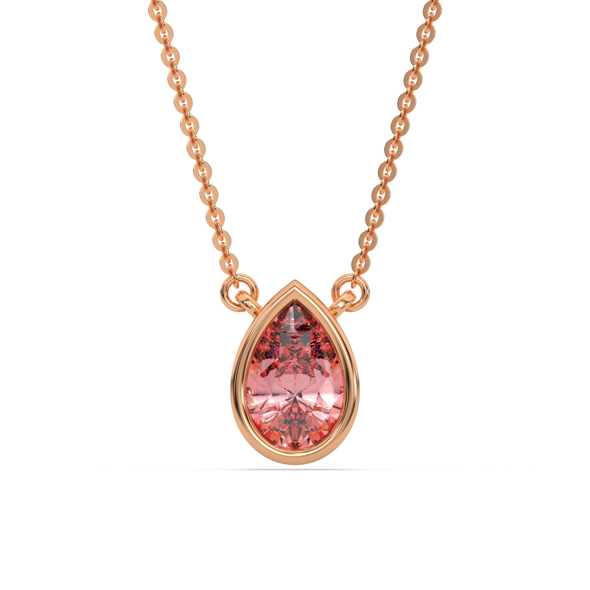 This rose gold Fancy Pink Pear Solitaire Diamond Necklace made with a fancy Pink pear cut diamond in bezel setting with adjustable chain in top view