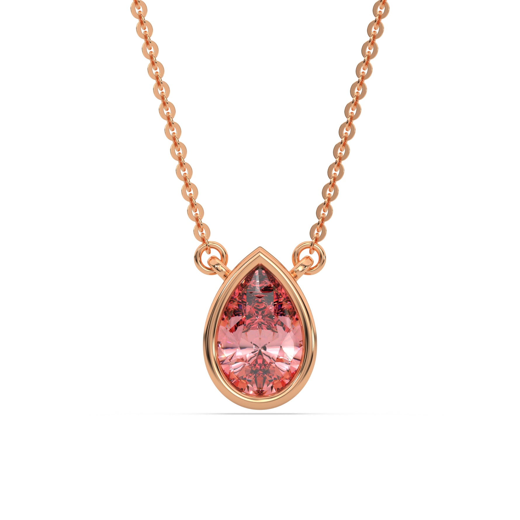 This rose gold Fancy Pink Pear Solitaire Diamond Necklace made with a fancy Pink pear cut diamond in bezel setting with adjustable chain in top view