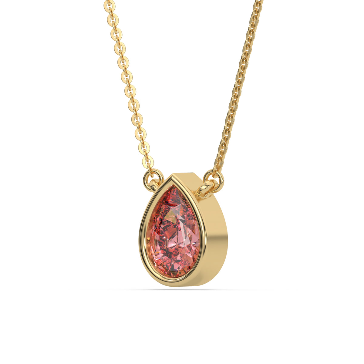 This yellow gold Fancy Pink Pear Solitaire Diamond Necklace made with a fancy Pink pear cut diamond in bezel setting with adjustable chain in side view