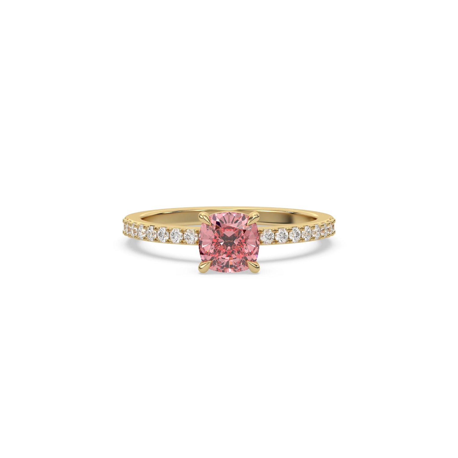 18K Yellow Gold Fancy Pink Cushion Cut Solitaire Diamond Engagement Ring