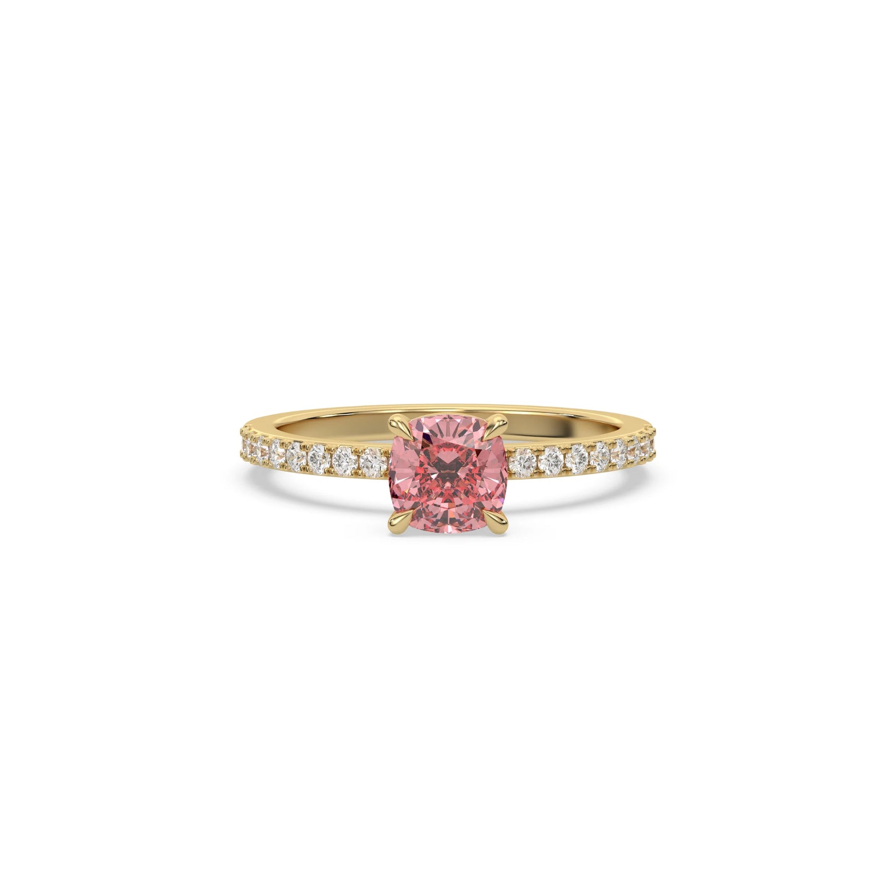 This yellow gold ring displayed in Front view is made with a cushion solitaire diamond set in four-prong setting