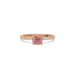 This rose gold ring displayed in Front view is made with a cushion solitaire diamond set in four-prong setting