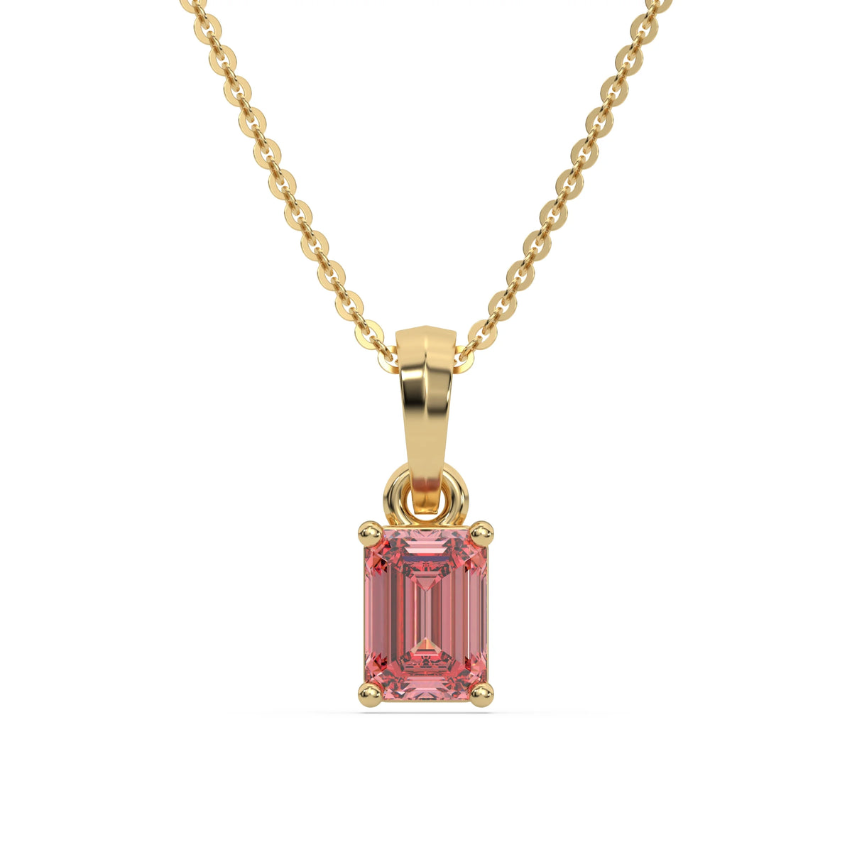 This yellow gold Fancy Pink Emerald Solitaire Diamond Necklace made with an fancy Pink emerald cut diamond in a four prong setting with adjustable chain in top view