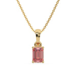 This yellow gold Fancy Pink Emerald Solitaire Diamond Necklace made with an fancy Pink emerald cut diamond in a four prong setting with adjustable chain in top view