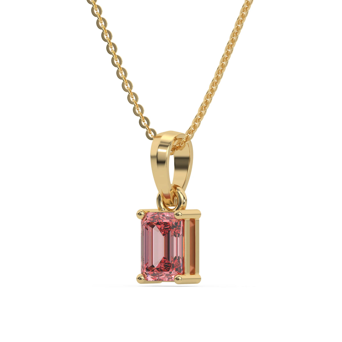 This yellow gold Fancy Pink Emerald Solitaire Diamond Necklace made with an fancy Pink emerald cut diamond in a four prong setting with adjustable chain in side view