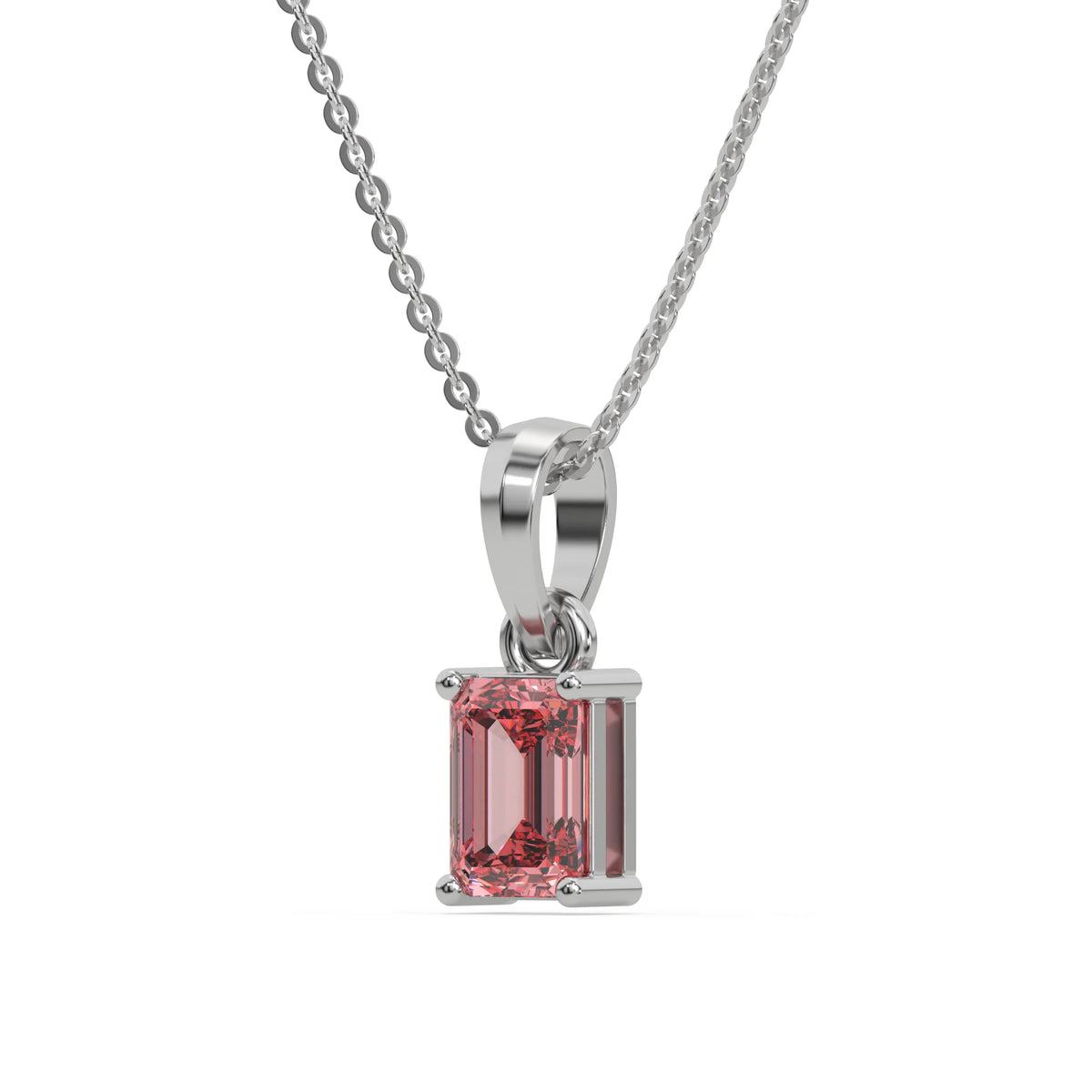 This white gold Fancy Pink Emerald Solitaire Diamond Necklace made with an fancy Pink emerald cut diamond in a four prong setting with adjustable chain in side view