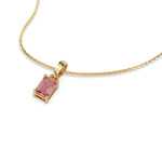 This yellow gold Fancy Pink Emerald Solitaire Diamond Necklace made with an fancy Pink emerald cut diamond in a four prong setting with adjustable chain in 3d view