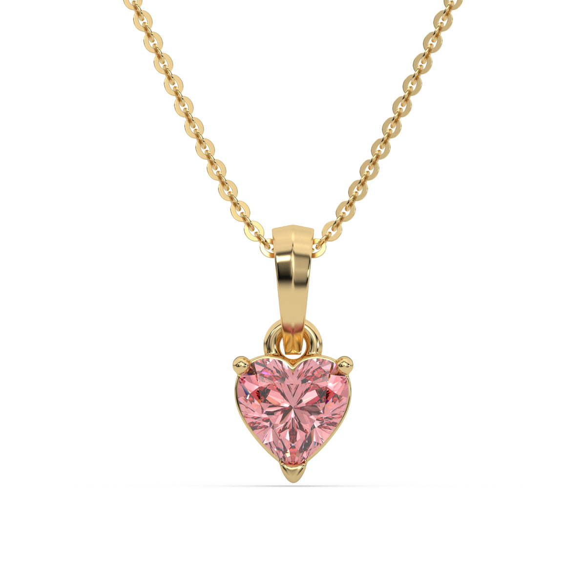 This yellow gold Fancy Pink Heart Solitaire Diamond Necklace made with a fancy Pink heart cut diamond in a four prong setting with adjustable chain in top view