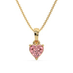 This yellow gold Fancy Pink Heart Solitaire Diamond Necklace made with a fancy Pink heart cut diamond in a four prong setting with adjustable chain in top view