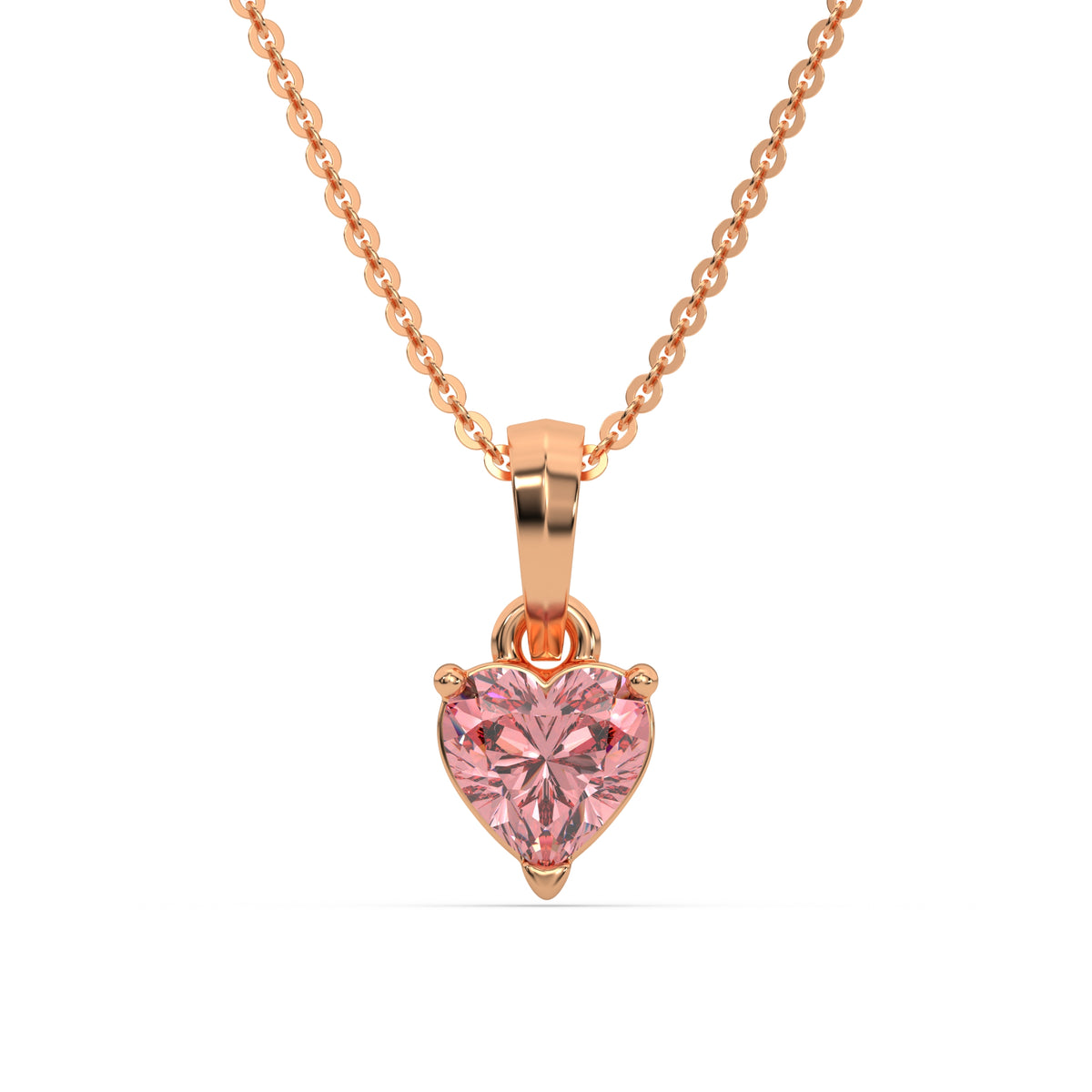 This rose gold Fancy Pink Heart Solitaire Diamond Necklace made with a fancy Pink heart cut diamond in a four prong setting with adjustable chain in top view