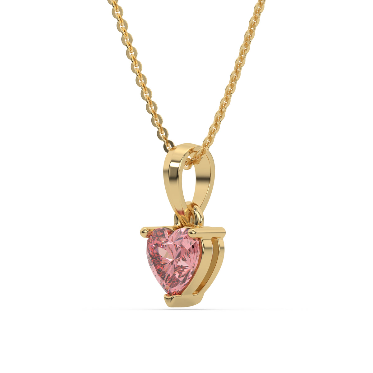 This yellow gold Fancy Pink Heart Solitaire Diamond Necklace made with a fancy Pink heart cut diamond in a four prong setting with adjustable chain in side view