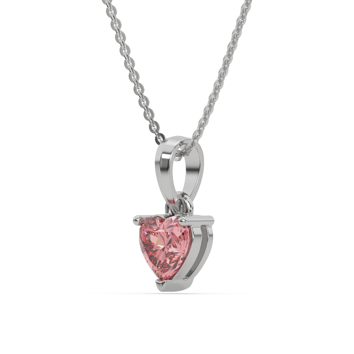 This white gold Fancy Pink Heart Solitaire Diamond Necklace made with a fancy Pink heart cut diamond in a four prong setting with adjustable chain in side view