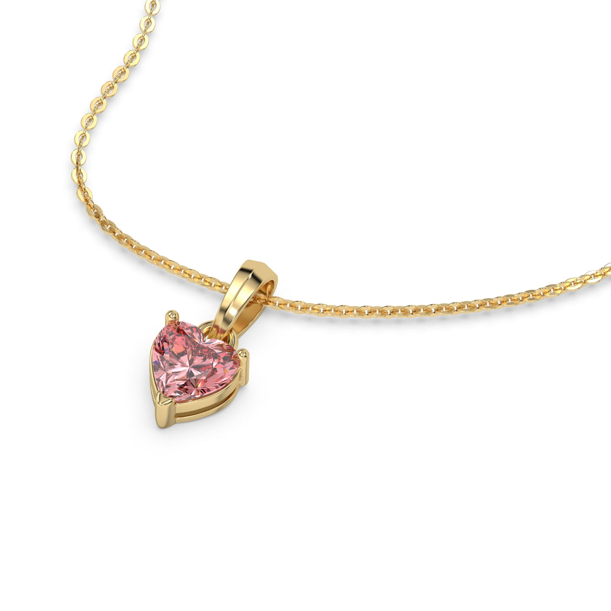 This yellow gold Fancy Pink Heart Solitaire Diamond Necklace made with a fancy Pink heart cut diamond in a four prong setting with adjustable chain in 3d view