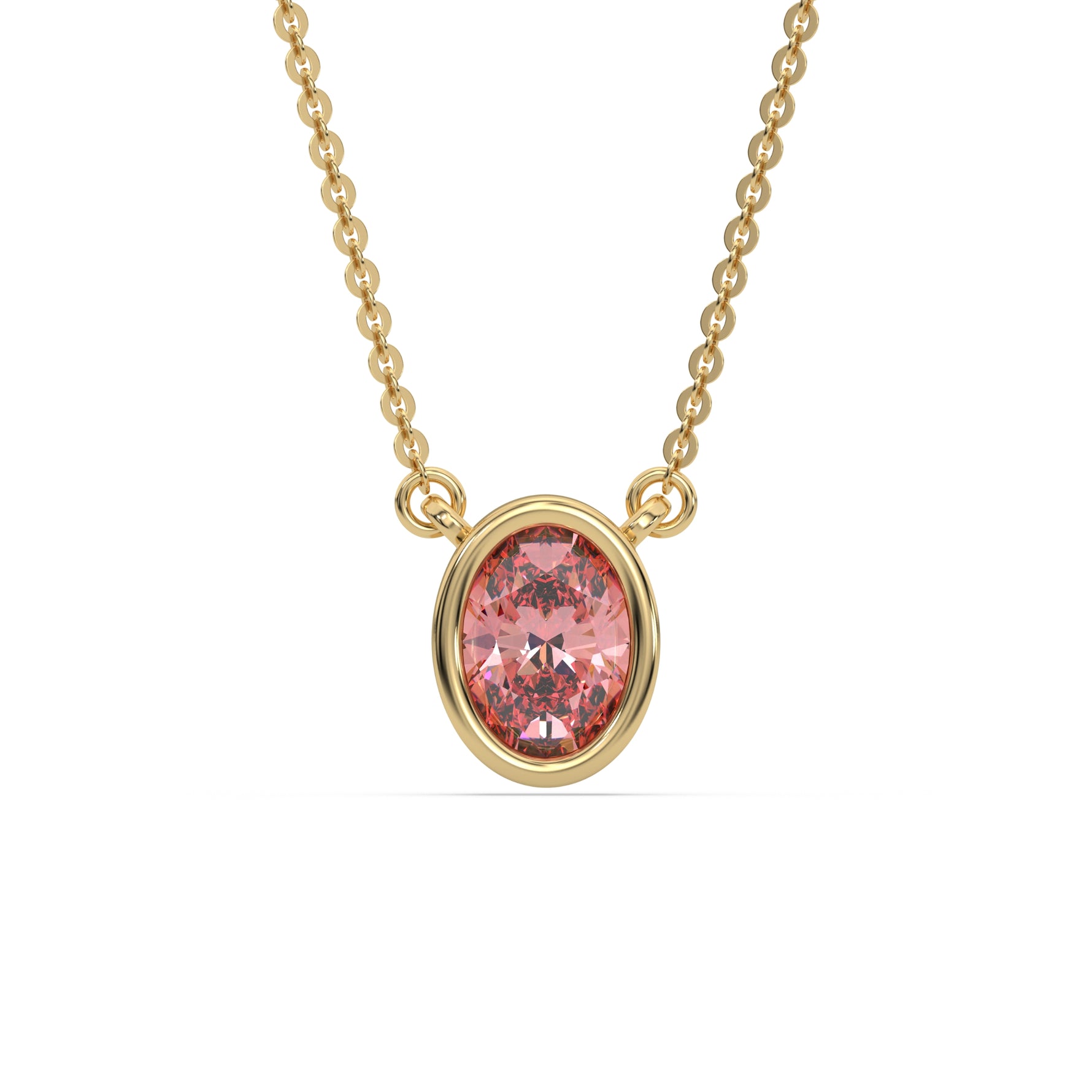 This yellow gold Fancy Pink Oval Solitaire Diamond Necklace made with an fancy Pink oval cut diamond in bezel setting with adjustable chain in top view