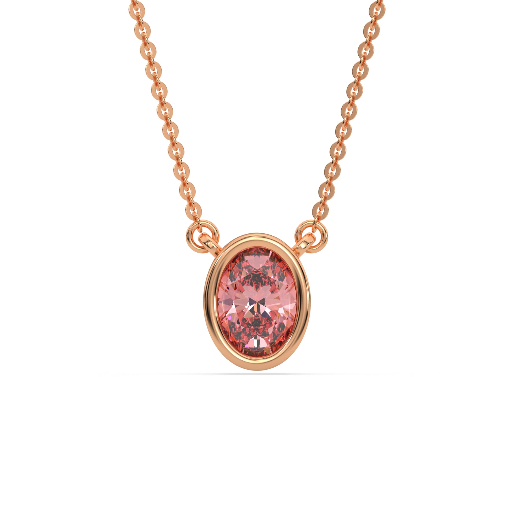 This rose gold Fancy Pink Oval Solitaire Diamond Necklace made with an fancy Pink oval cut diamond in bezel setting with adjustable chain in top view