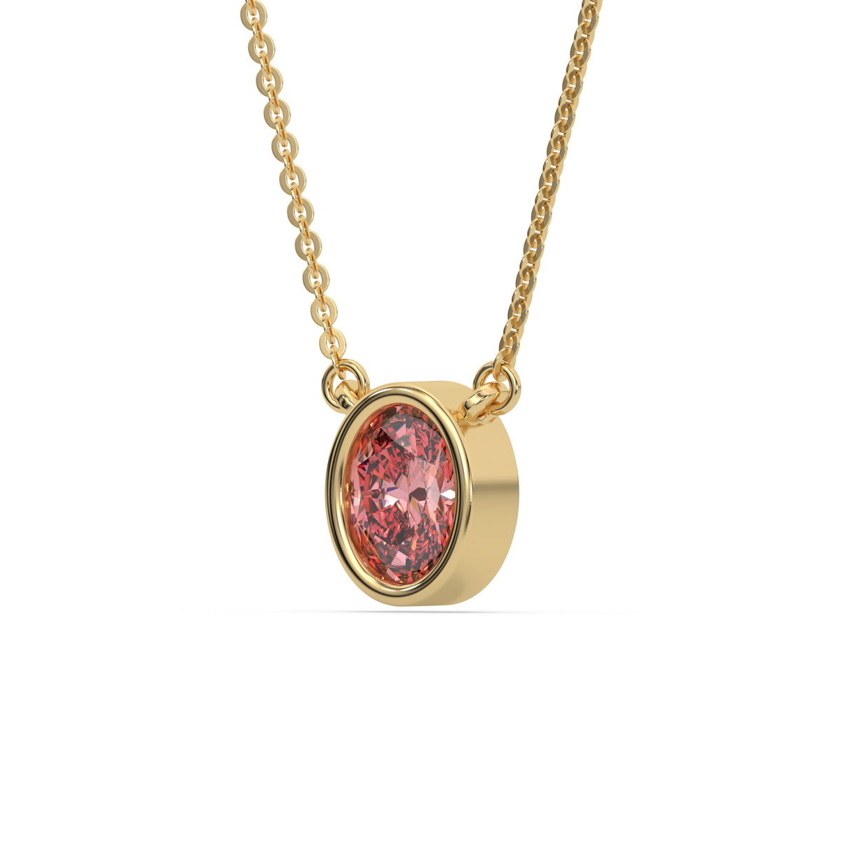 This yellow gold Fancy Pink Oval Solitaire Diamond Necklace made with an fancy Pink oval cut diamond in bezel setting with adjustable chain in side view