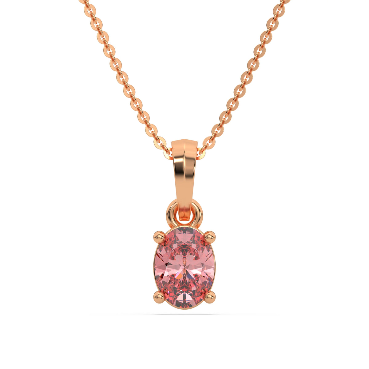 This rose gold Fancy Pink Oval Solitaire Diamond Necklace made with an fancy Pink oval cut diamond in a four prong setting with adjustable chain in top view