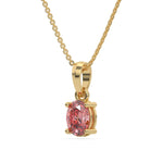 This yellow gold Fancy Pink Oval Solitaire Diamond Necklace made with an fancy Pink oval cut diamond in a four prong setting with adjustable chain in side view