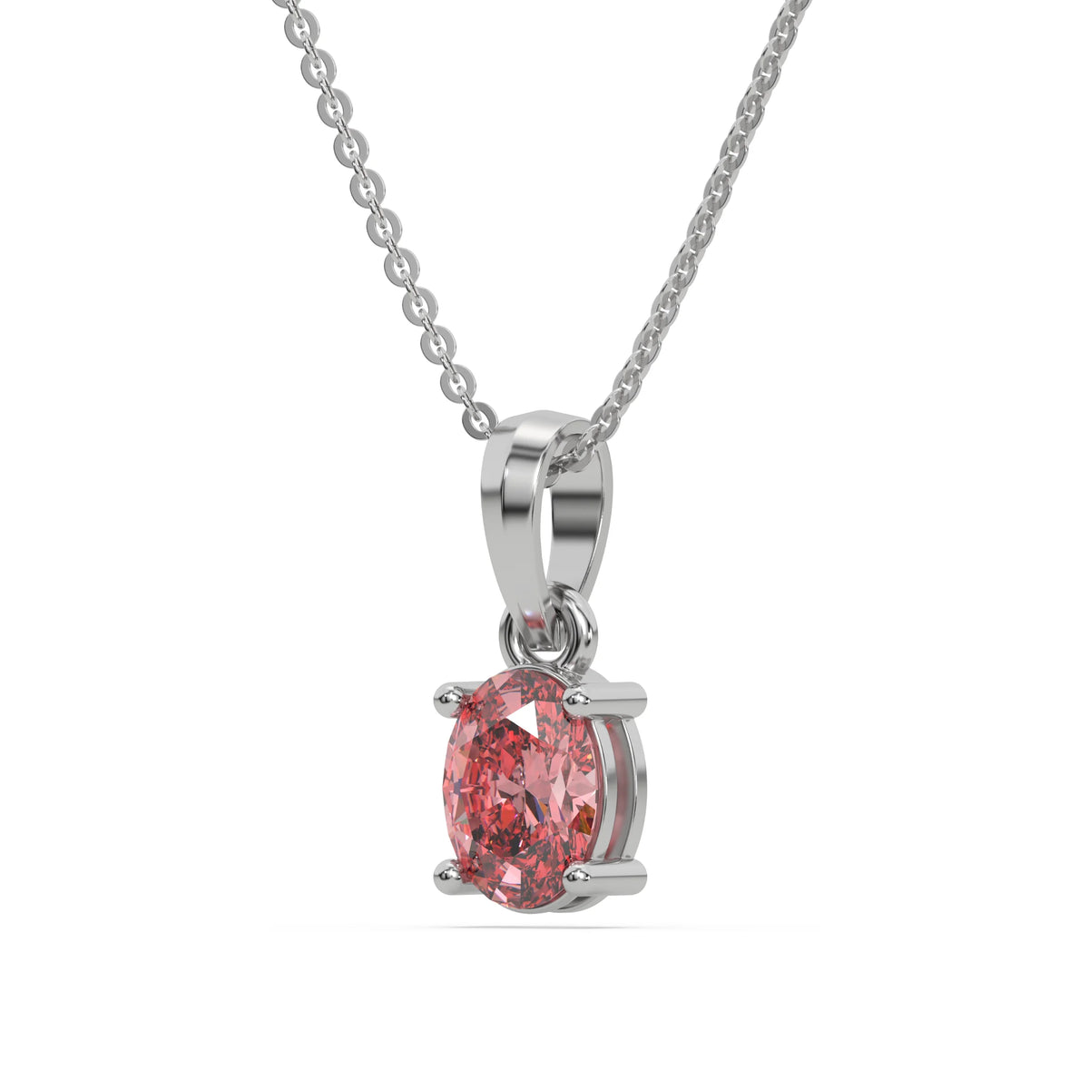 This white gold Fancy Pink Oval Solitaire Diamond Necklace made with an fancy Pink oval cut diamond in a four prong setting with adjustable chain in side view