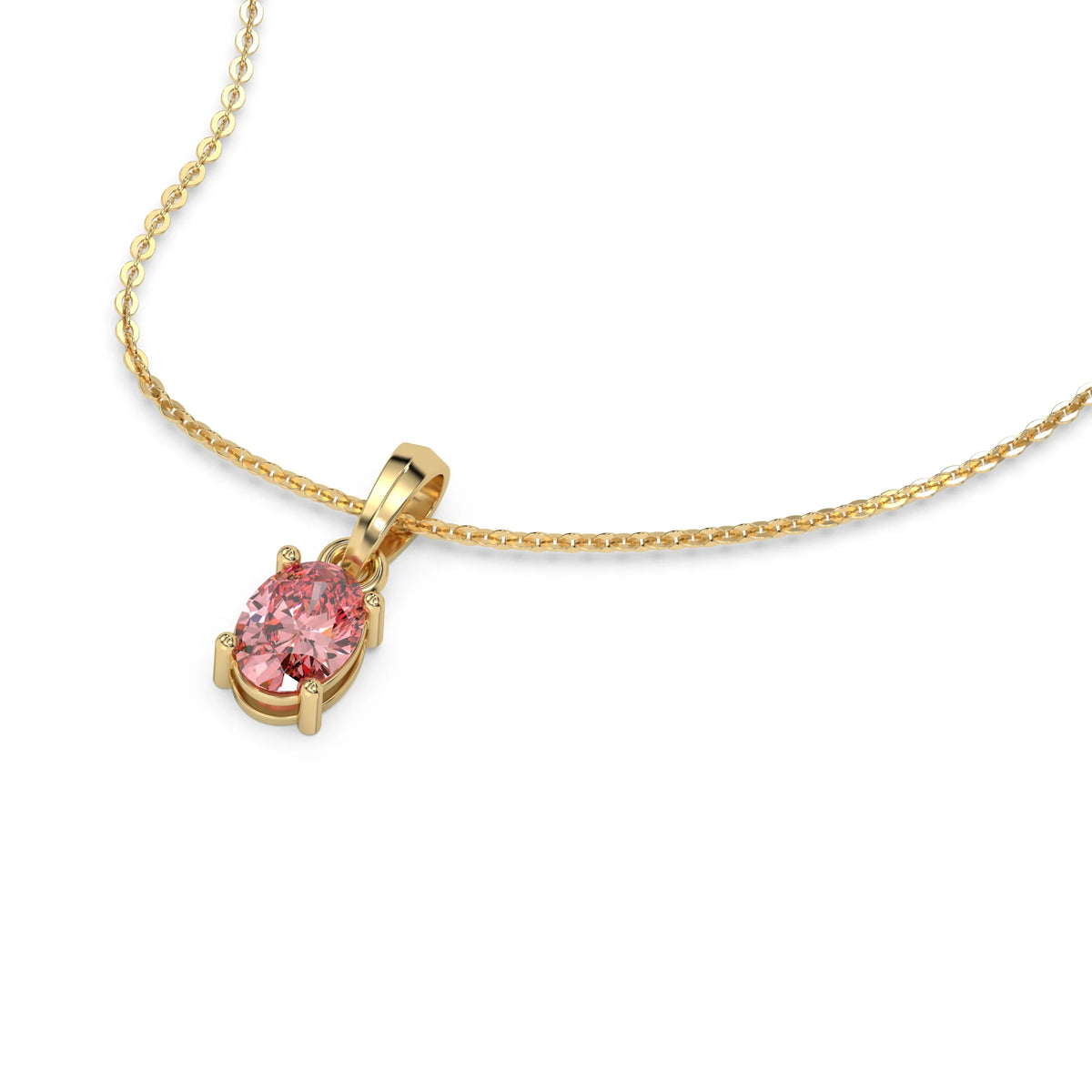 This yellow gold Fancy Pink Oval Solitaire Diamond Necklace made with an fancy Pink oval cut diamond in a four prong setting with adjustable chain in 3d view