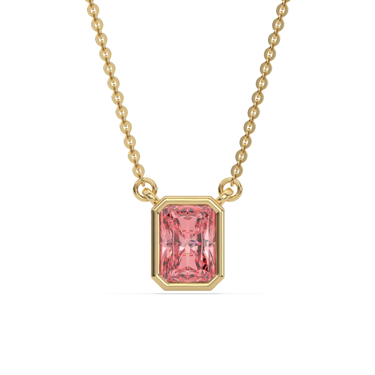 This yellow gold Fancy Pink Radiant Solitaire Diamond Necklace made with a fancy Pink radiant cut diamond in bezel setting with adjustable chain in top view