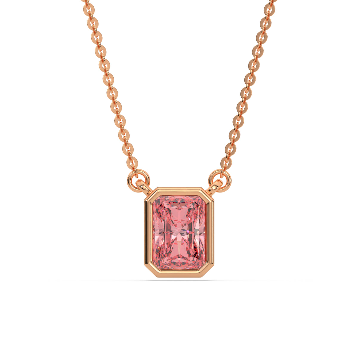 This rose gold Fancy Pink Radiant Solitaire Diamond Necklace made with a fancy Pink radiant cut diamond in bezel setting with adjustable chain in top view