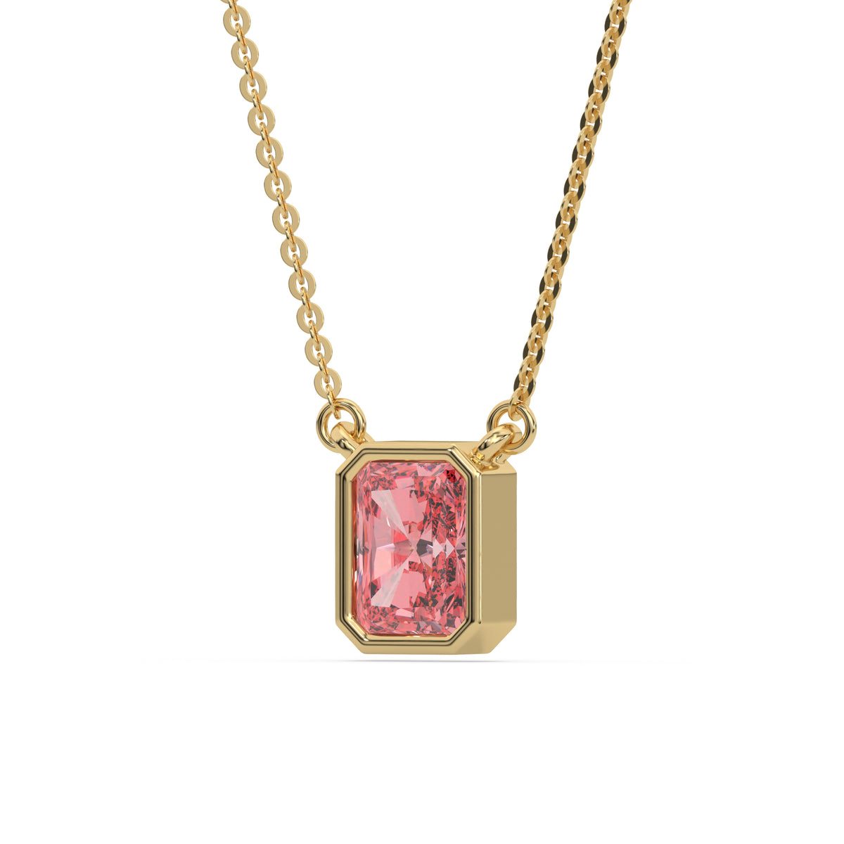 This yellow gold Fancy Pink Radiant Solitaire Diamond Necklace made with a fancy Pink radiant cut diamond in bezel setting with adjustable chain in side view