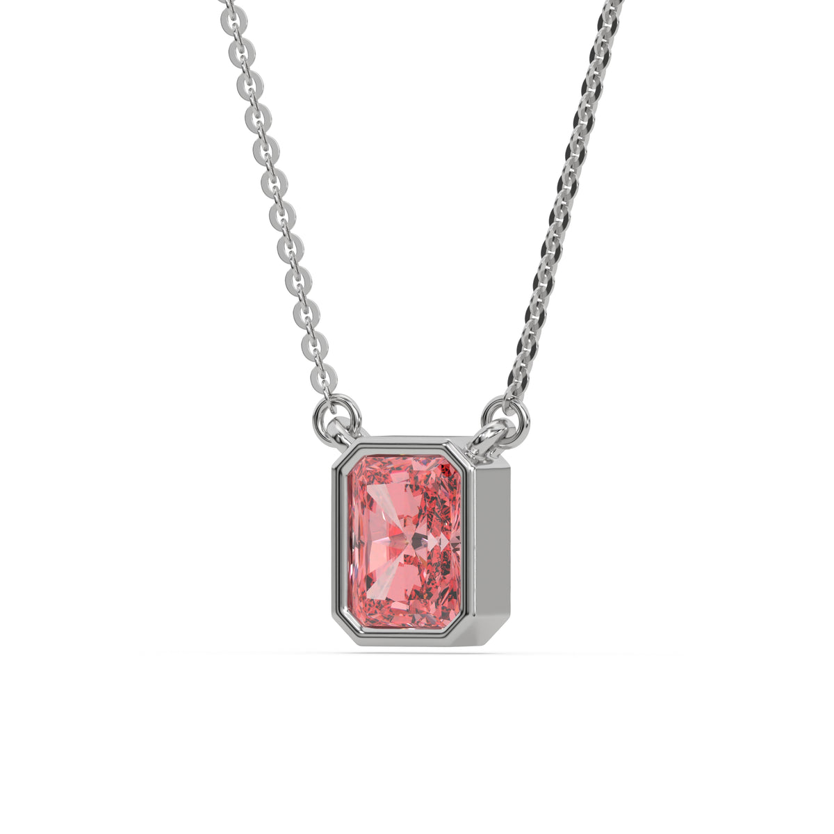 This white gold Fancy Pink Radiant Solitaire Diamond Necklace made with a fancy Pink radiant cut diamond in bezel setting with adjustable chain in side view