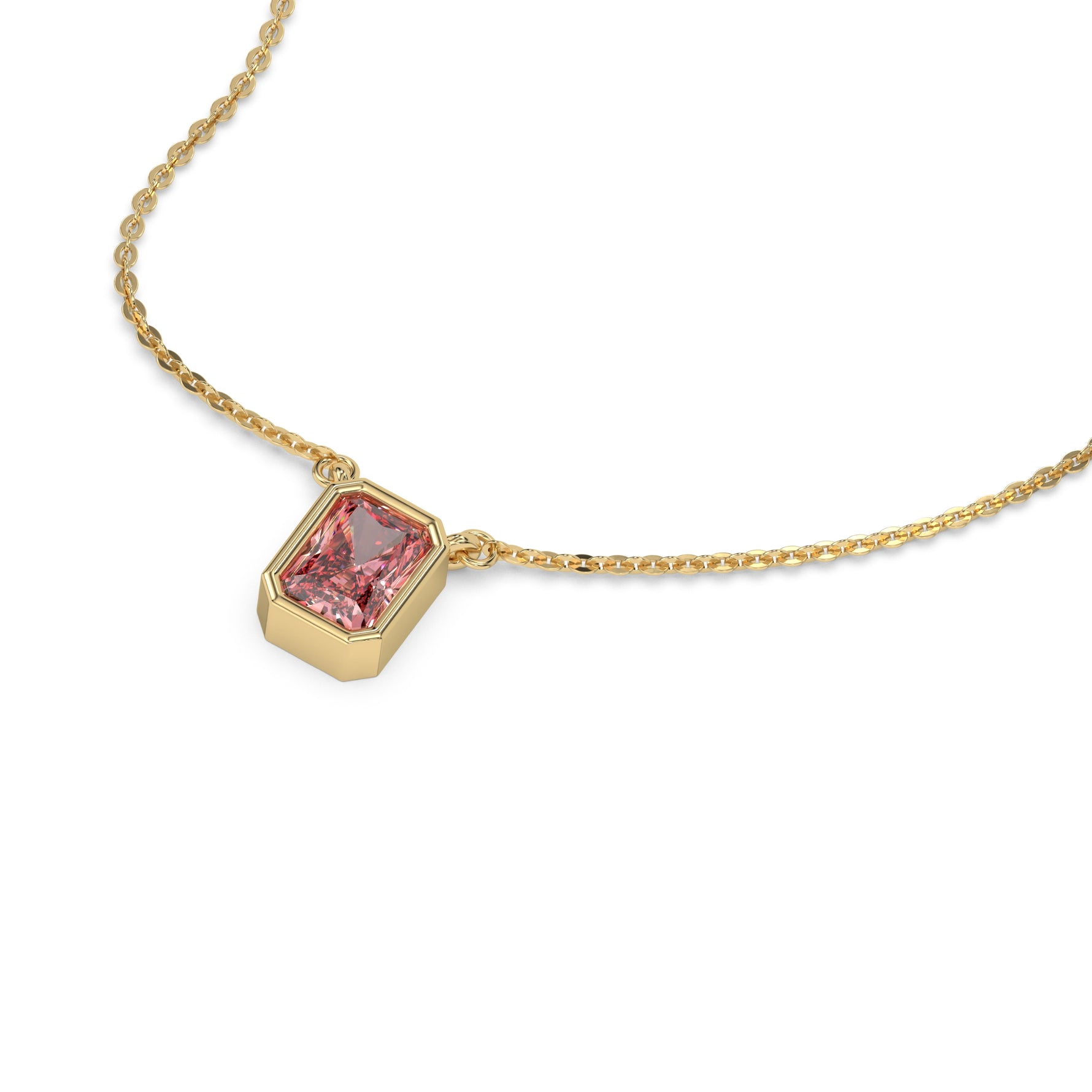 This yellow gold Fancy Pink Radiant Solitaire Diamond Necklace made with a fancy Pink radiant cut diamond in bezel setting with adjustable chain in 3d view