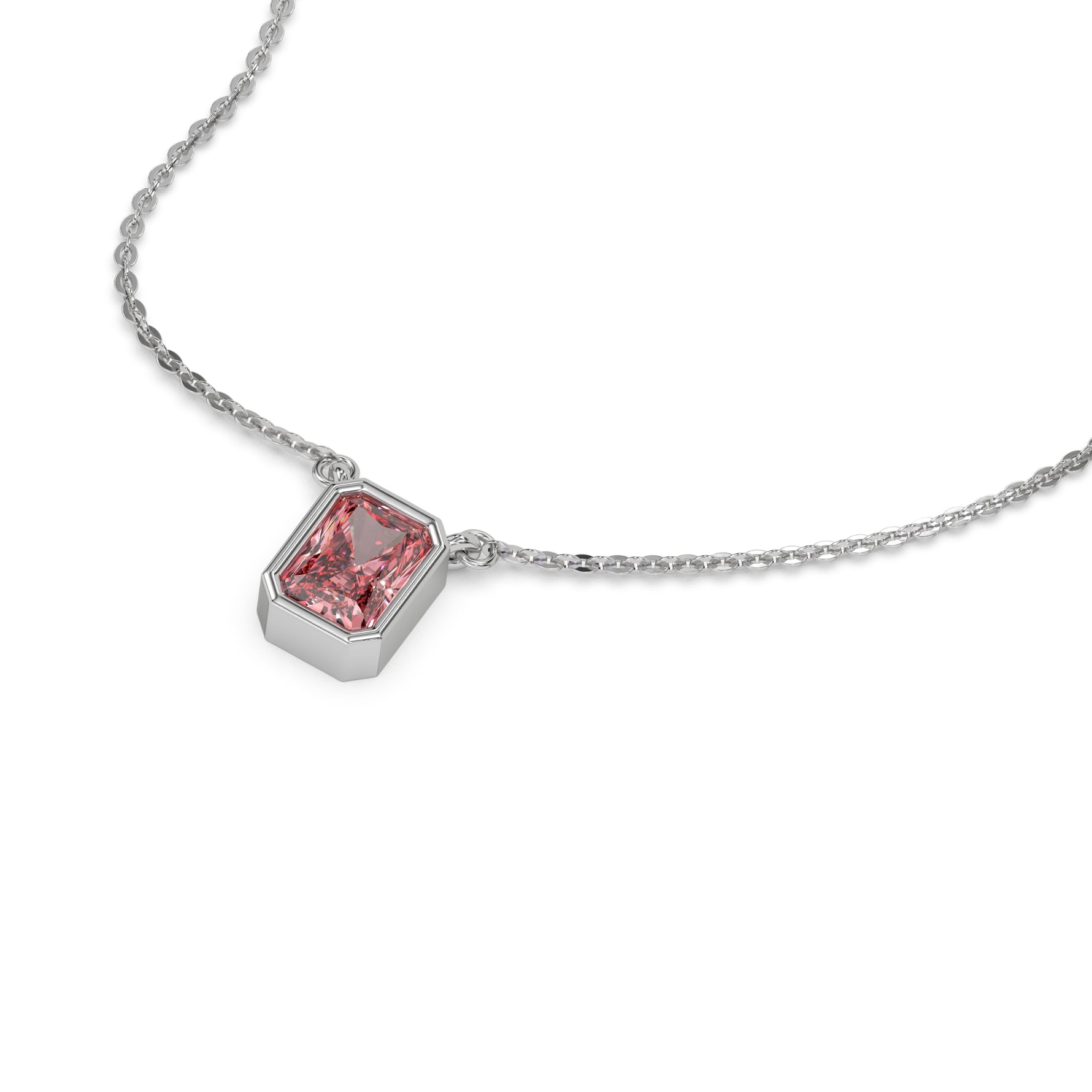 This white gold Fancy Pink Radiant Solitaire Diamond Necklace made with a fancy Pink radiant cut diamond in bezel setting with adjustable chain in 3d view