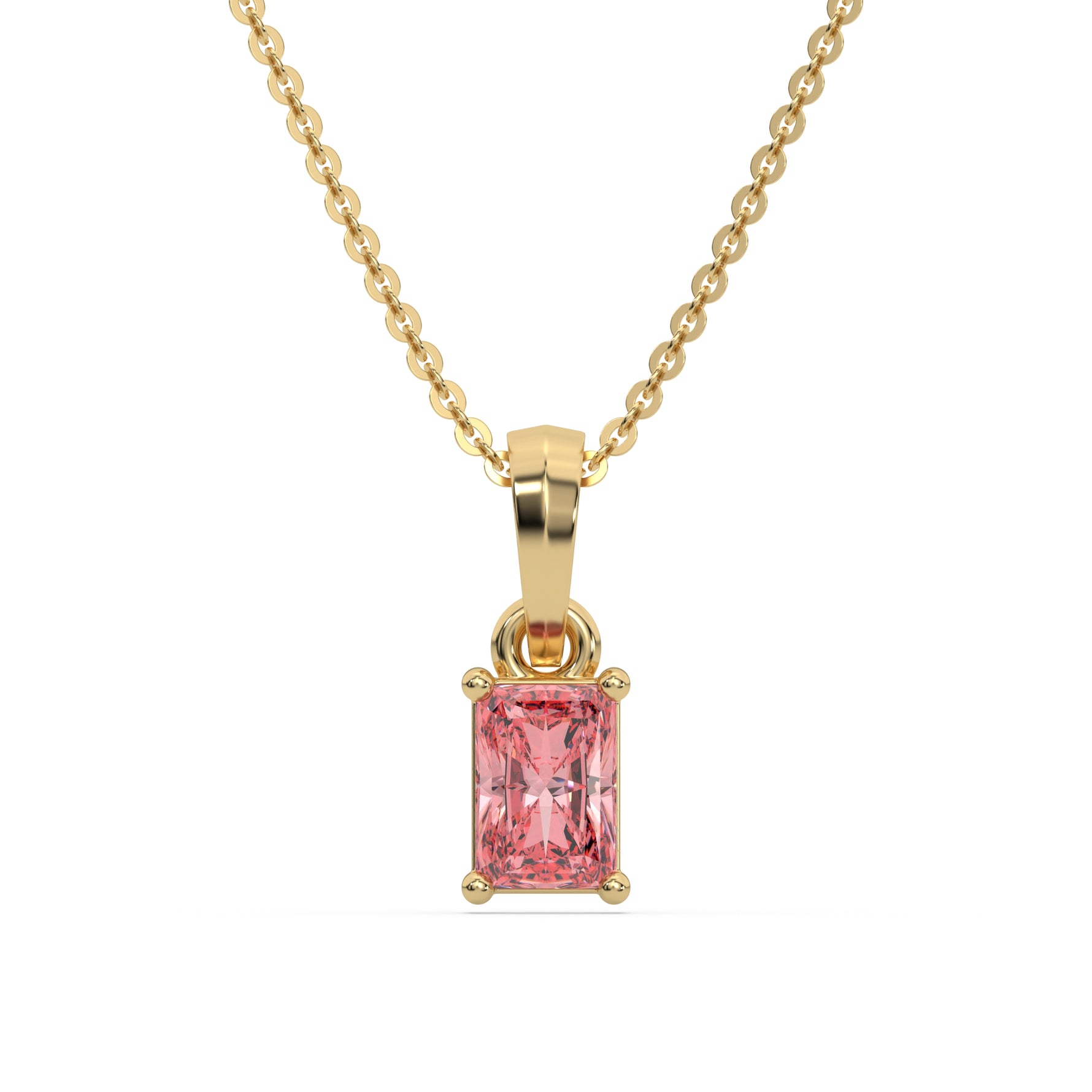 This yellow gold Fancy Pink Radiant Solitaire Diamond Necklace made with fancy radiant cut diamond in a four prong setting with adjustable chain in top view