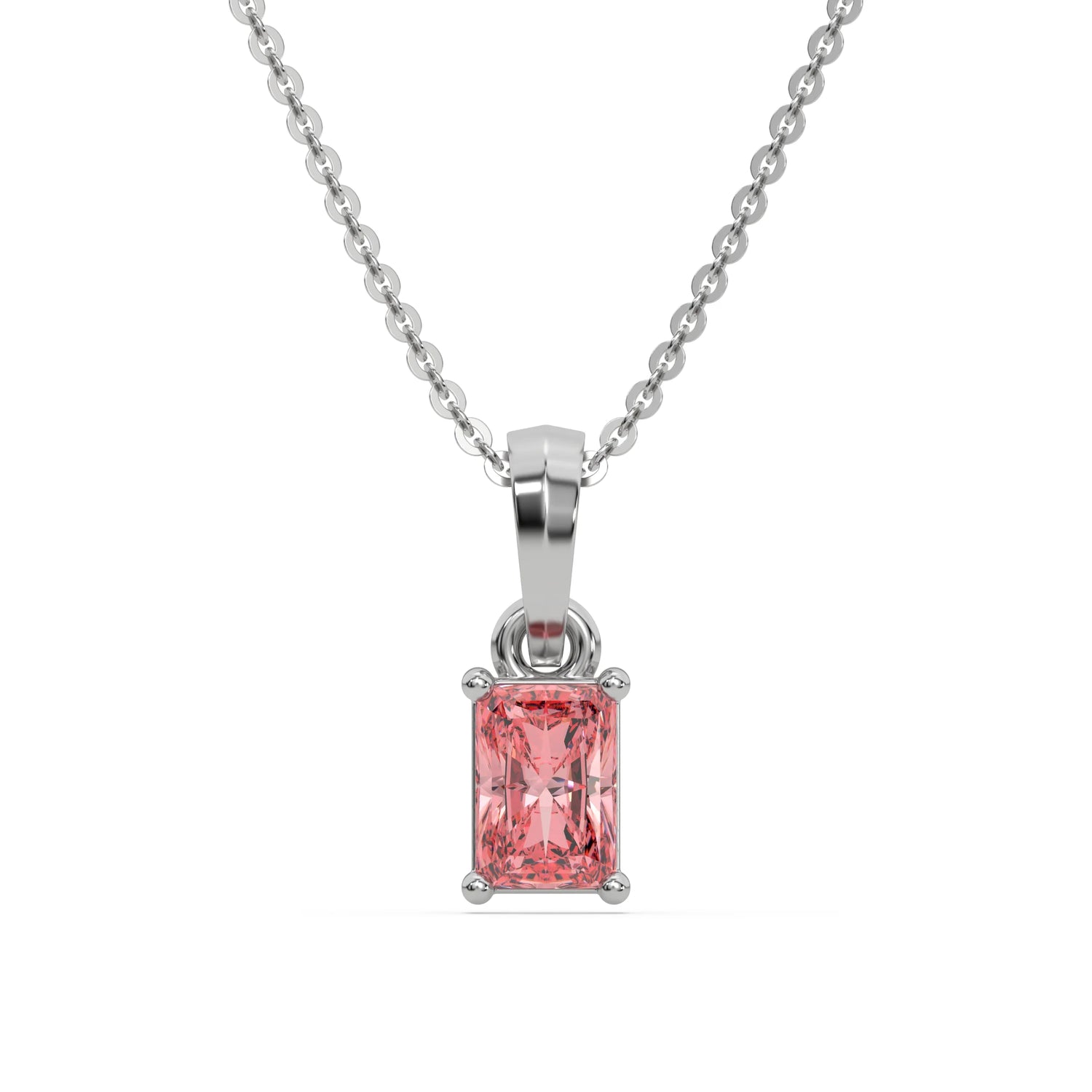 18K White Gold Fancy Pink Radiant Solitaire Diamond Necklace