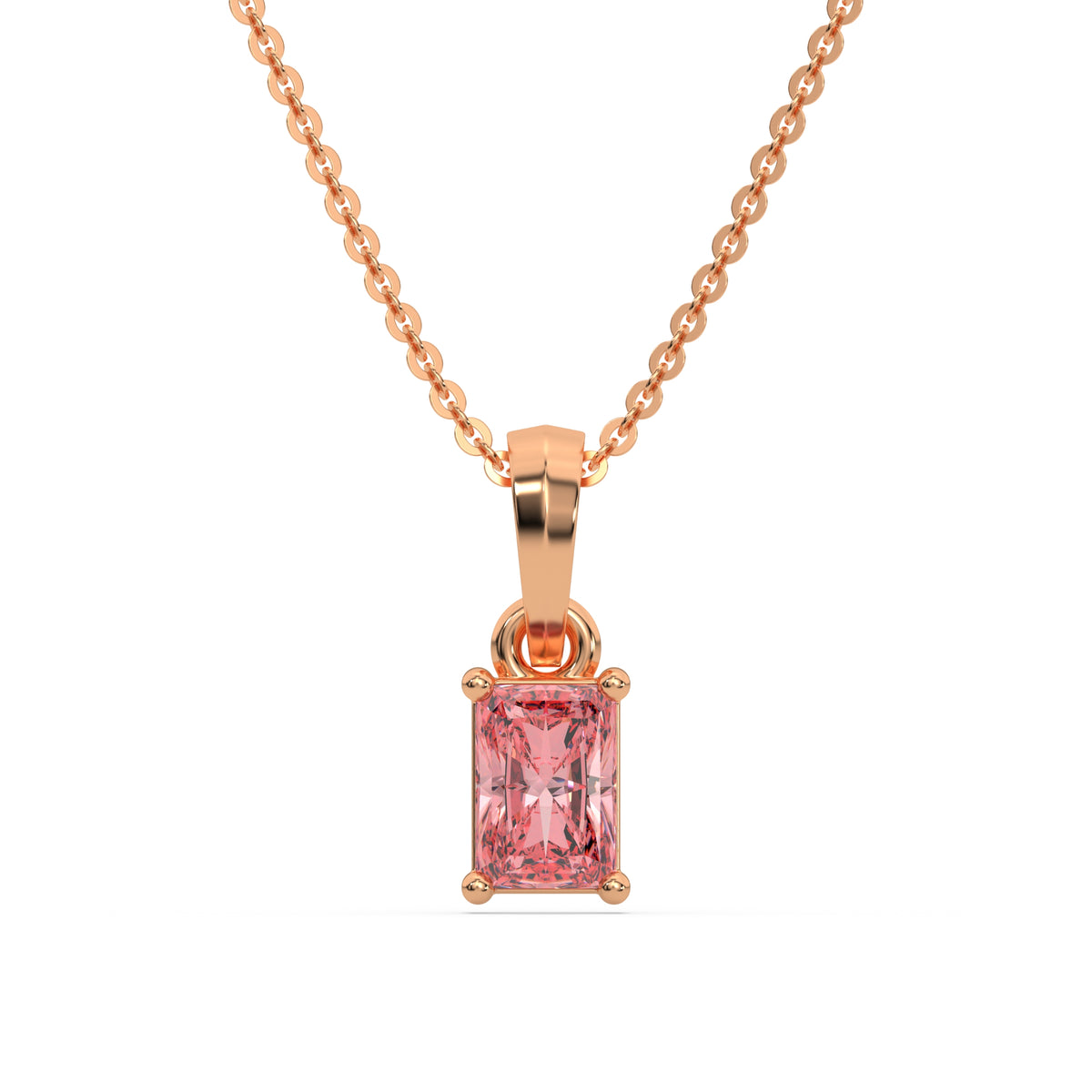 This rose gold Fancy Pink Radiant Solitaire Diamond Necklace made with fancy radiant cut diamond in a four prong setting with adjustable chain in top view